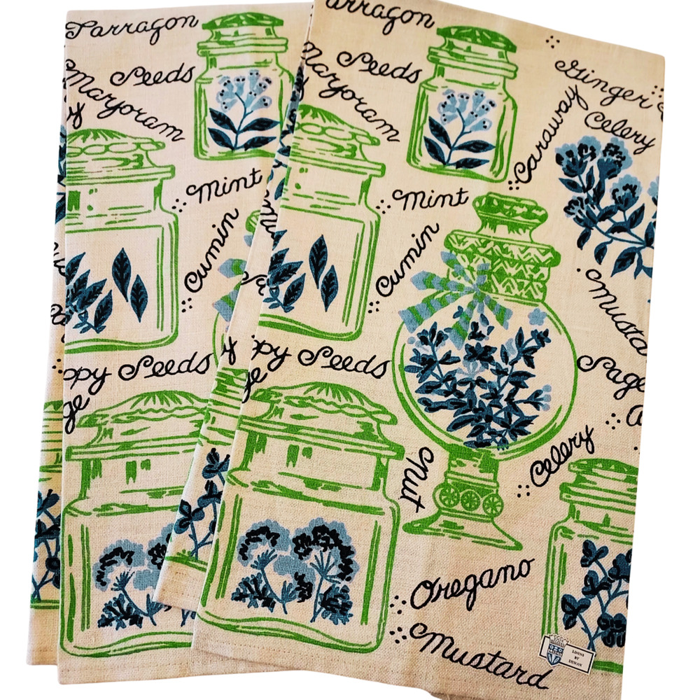 All Pure Linen Brand DEWAN 2 Tea Towels Herbs and Spices Greens And Tan NWT